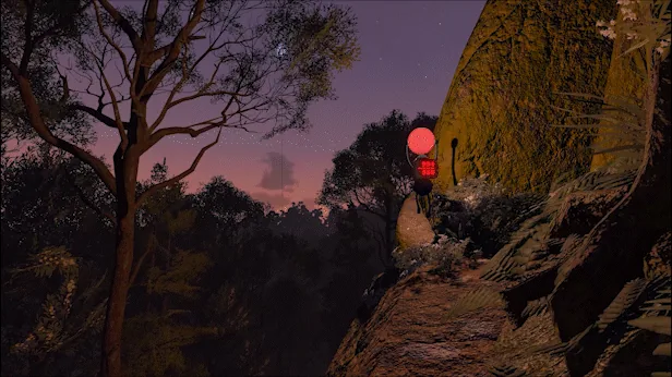 A red flare marks a teammate on a twilight cliff.