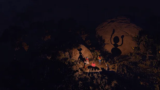 A group uses silhouettes and light to communicate at night.